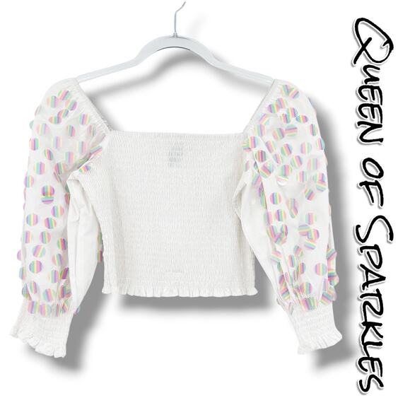 Queen of Sparkles White Smocked Top Iridescent Sequin Polka Dot Womens Size XS - Picture 1 of 14